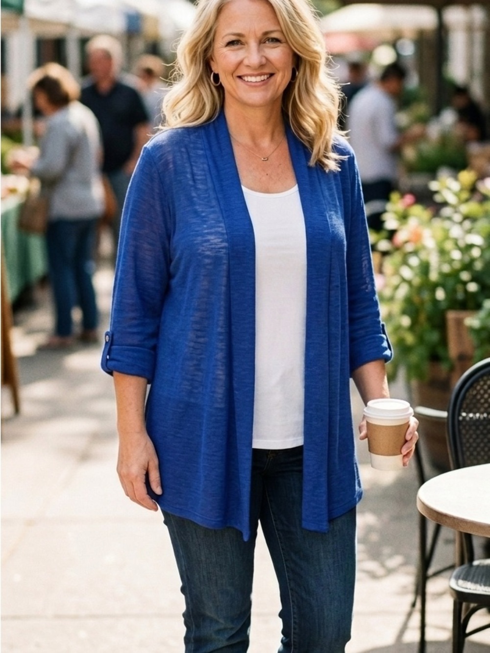NWT Notations Royal Blue Cowl-Back Cardigan w/ Attached White Tank, Size Large